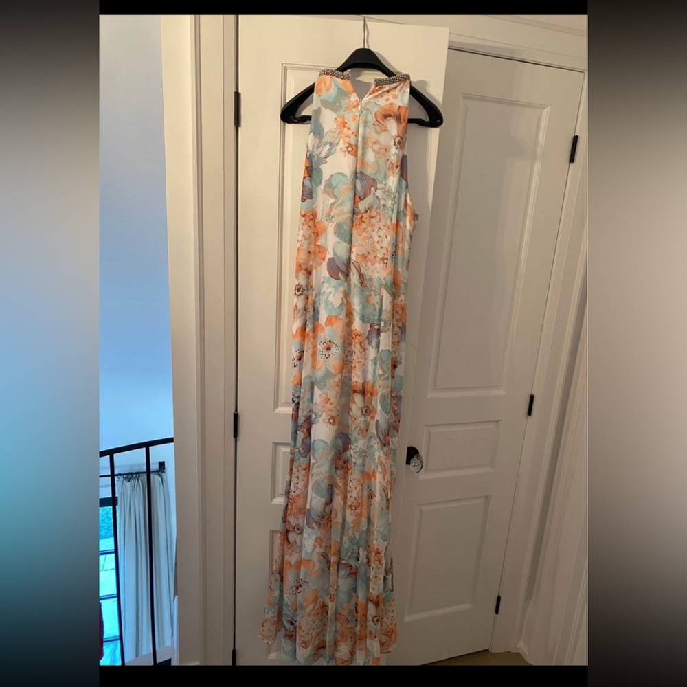 Calvin Klein Beaded-Neck Floral Maxi Dress in Blue, Peach & Cream